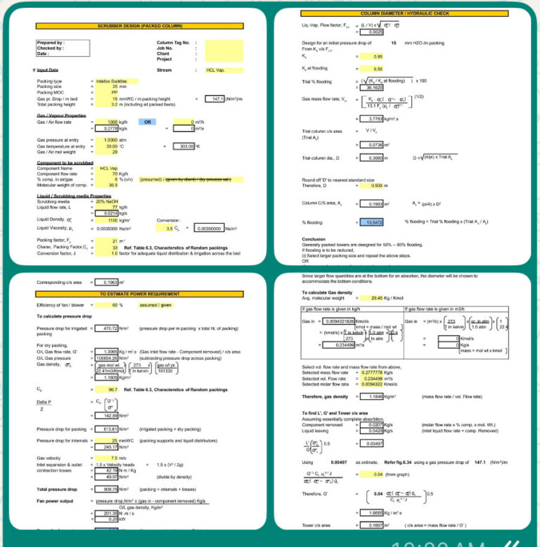 Download Scrubber Design Calculation Spreadsheet for Packed Column, HCl Vapor Hydraulic and Power Estimation