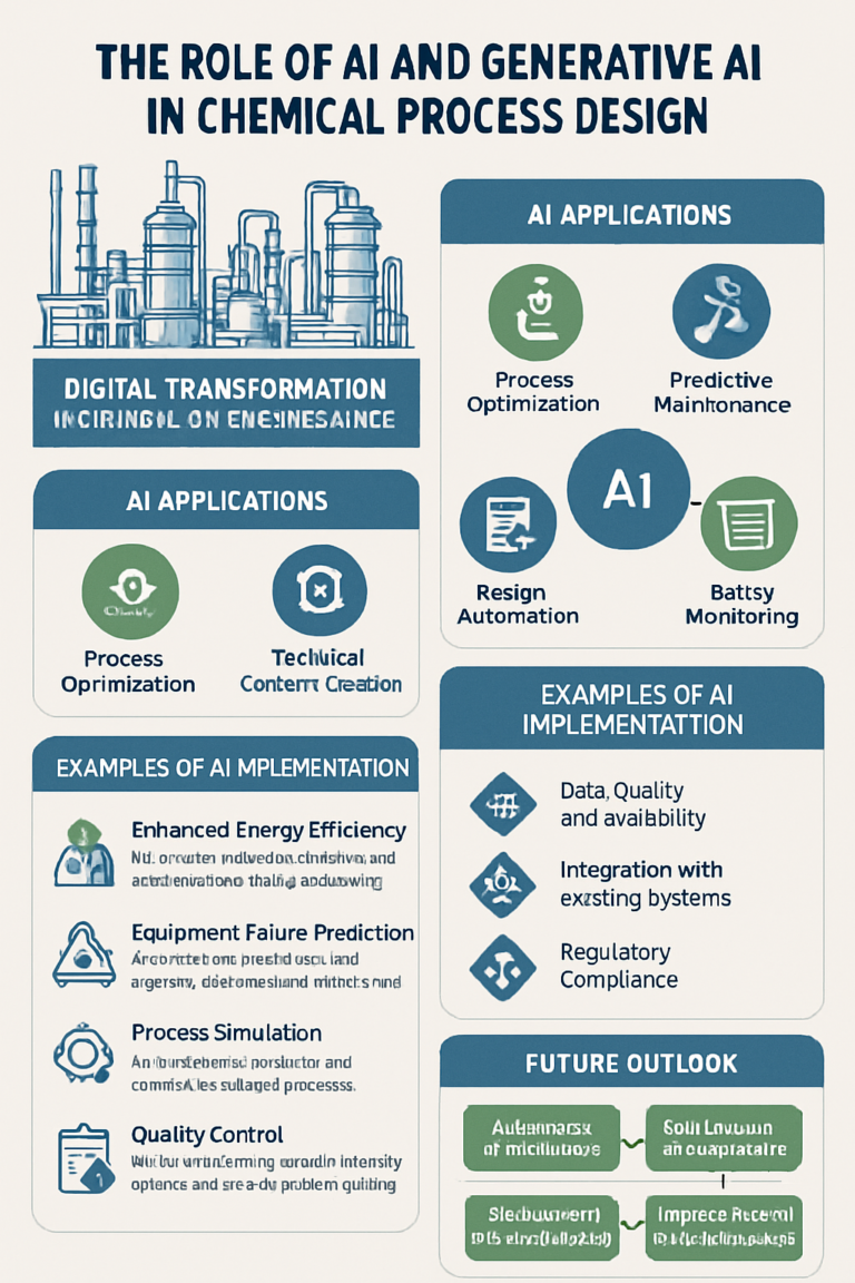 Infographic illustrating the role of AI and Generative AI in chemical process design, highlighting applications, benefits, real-world examples, challenges, and future outlook in chemical, oil & gas industries.