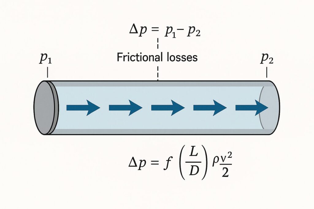 Pipeline pressure drop illustration showing fluid flow and friction losses